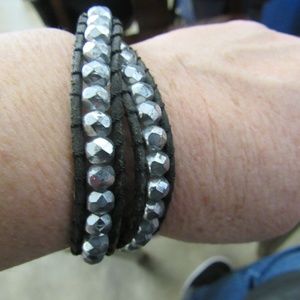 Hand Made Black and Silver Leather Bead Bracelet